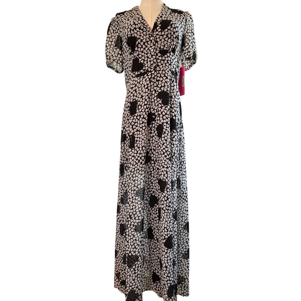 NEW Betsey Johnson Maxi Dress Black White Heart Print Womens 6 Chiffon
